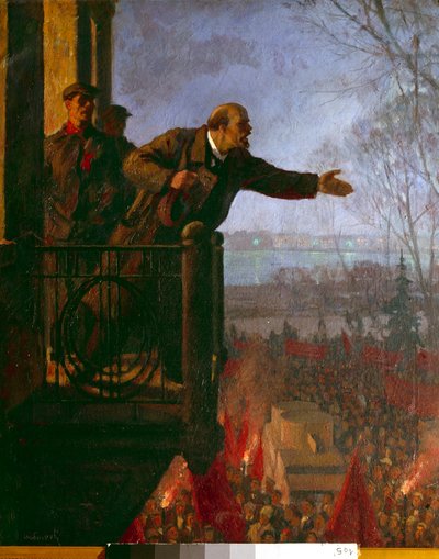 夜のチェチェンスカイア家のバルコニーにいるレーニン、1917年4月（油彩・カンヴァス） 作： Unknown Artist