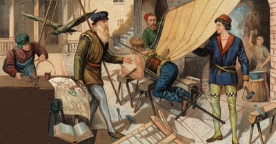 飛行装置の実験をするレオナルド・ダ・ヴィンチ（Leonard de Vinci 1452-1519）。19世紀のクロモリ写真。 作： Unknown artist