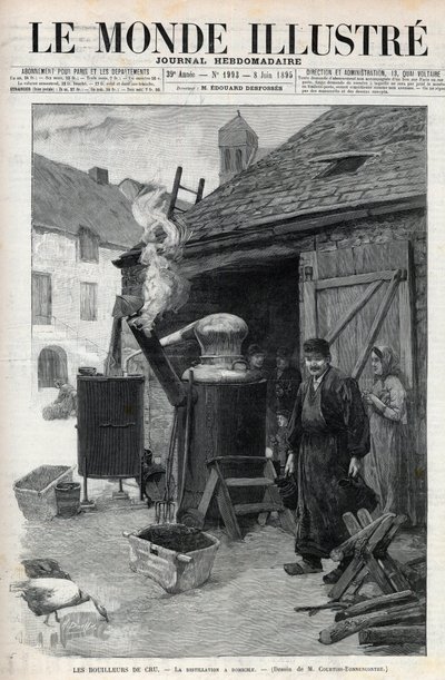 1895年にパリで行われたLes bouilleurs de cru - la distillation à domicile - 1895年の "Le Monde Illustré "1993号に掲載された彫刻。 作： Unknown artist