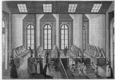 Les creches: Guise (Aisne, 02)の保育園と託児所。メインルームの内観。1892年2月20日の「La Nature: revue des sciences et de leurs applications aux arts et a l