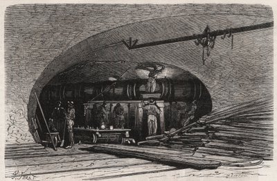 Les egouts de Paris: サン・ミシェル橋(Saint-Michel)近くのパイプの曲がり角、シャトレ広場 - Engraving In "Le Monde Illustré" 作： Unknown artist