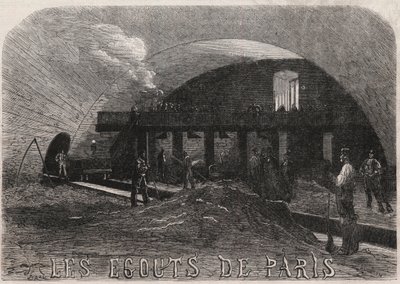 パリの下水道：ノートルダム橋（Notre-Dame）の大部屋と鍛冶屋の作業場 - Engraving In "Le Monde Illustré". 作： Unknown artist