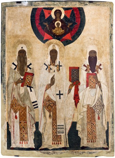 Les trois saints eveques de Rostov: Isaie (morten en 1090), Leonce (morten en 1077), Ignace (morten en 1288) - Russian icon : The three saint bishop of Rostov: Isaiah, Leontius and Ignatius.パネルにテンペラ、15世紀後半、ロストフ・クレムリン国立野外博物館蔵 作： Unknown artist