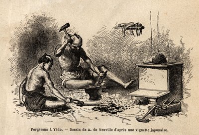 江戸の鍛冶屋の前に立つ鍛冶屋。1863年から1864年にかけて、スイス連邦公使アイム・アンベールが日本への航海を説明するために描いたもので、「Le tour du monde, nouveau journal des vo. 作： Unknown artist