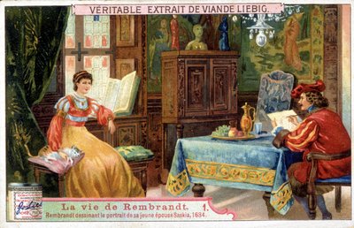 オランダの画家レンブラント（1606-1669）の生涯をリービッヒの色版画で表現。ここでは、1654年に若い妻サスキアの肖像画を描いています。 作： Unknown artist