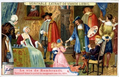 レンブラント（1606-1669）の生涯を描いたリービッヒのカラーリトグラフ。ここでは1654年に市長ジャン・シックスを描いています。 作： Unknown artist