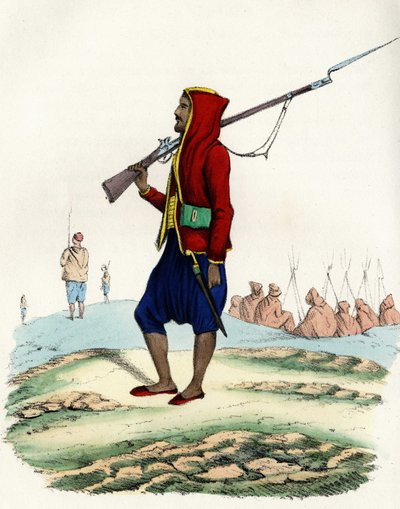 1830年のアルジェ遠征の際、アフリカのフランス軍のレジスタンスであったアブド・エル・カデル首長の軽装歩兵。Storia d