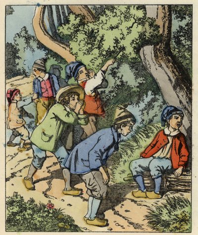 親に捨てられて森に迷い込んだ小さなプーセットとその兄弟。シャルル・ペローの物語「Le Pepetit Poucet」の挿絵 作： Unknown artist