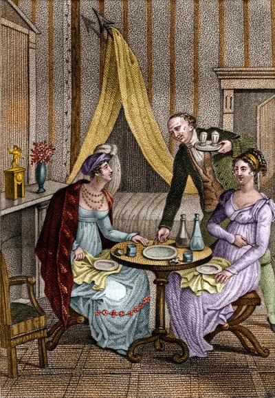 小さなディナーフランスの文学者であり、革命家でもあったオリュンペ・ド・グーグ（1748-1793）と友人のセリーヌ。1820.個人蔵。 作： Unknown artist