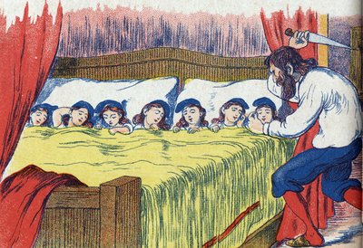 鬼が娘たちを殺してしまう、フランスの作家シャルル・ペロー（1628-1703）の物語「Le Petite poucet」の挿絵。匿名のイラスト。イメージ：Marcel Vagne, Jarville Nancy, undated (19世紀後半). 作： Unknown artist