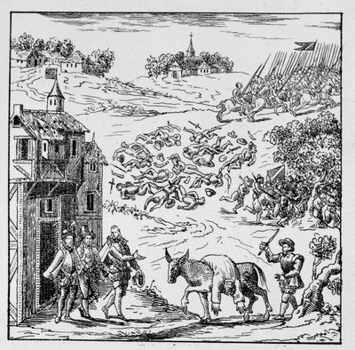 コンド公爵（ブルボン・コンド）のルイ1世（1530-1569）は戦死し、その遺体は麻酔をかけられてジャルナックに運ばれ、全軍の目にさらされた後、義理の兄弟であるロングヴィル公爵に売られ、彼の手で運ばれた。 作： Unknown artist
