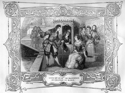 ルイ14世とマントノン侯爵夫人フランソワーズ・ドービーニュ（1634-1719）、マルリー城にて。19世紀の「フランスの古城の謎、または王と王妃の秘密の恋」の後のエングレーヴィング。ビアンケッティ・コレクション 作： Unknown artist