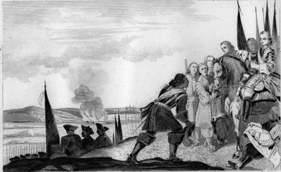 1745年のフォントノイの戦いでのルイ15世（1710-74） - オーストリア継承戦争（1740-1748） - フォントノイの戦いで勝利したザクセンの牧童モーリス（1696-1750）がフランス王ルイ15世（1710-1774）と対面 - 1825年の「ハイ」でのエングレーヴィング。 作： Unknown artist