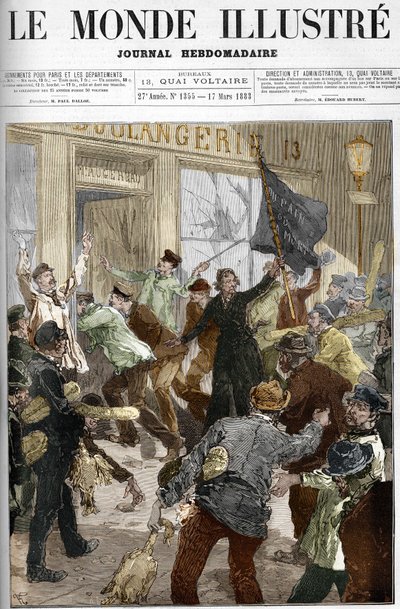 1883年3月9日、パリで行われた労働者のデモでパン屋を略奪した際、「パンか死か」と書かれた黒い旗を振るフランスの革命家、ルイーズ・ミシェル（1833-1905）。 作： Unknown artist
