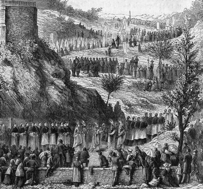 ルルド 1864年：インマヌエルのマリア像の落成式のための洞窟への行列。 作： Unknown artist