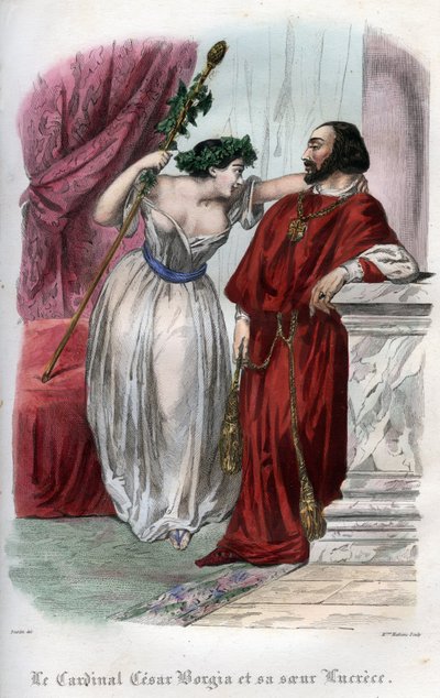 ルクレツィア・ボルジア（1480-1519）と弟のセザール・ボルジア。(Lucrezia and Cesare Borgia)。モーリス・ラシャトレによる「Histoire des popes: crimes, murders, poisoning, parricide, adulteres, incest...」に掲載された1842年のエングレーヴィング。個人蔵。 作： Unknown artist
