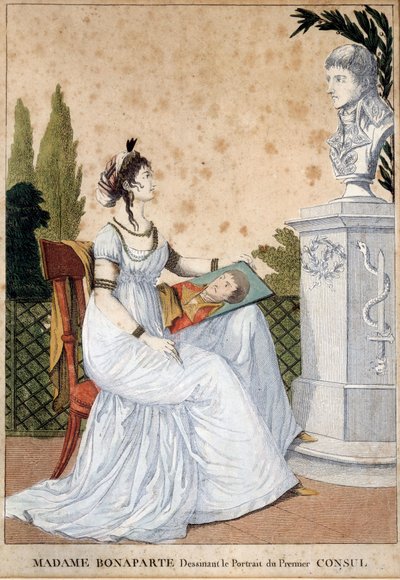 夫ナポレオン・ボナパルト（1769-1821）の胸像の前で、第一執政官ジョゼフィーヌ・ド・ボーアルネ（1763-1814）の肖像画を描くボナパルト夫人。匿名のプリント。1799-1804.日 0,24x0,17 m Malmaison, musee du chateau 作： Unknown artist