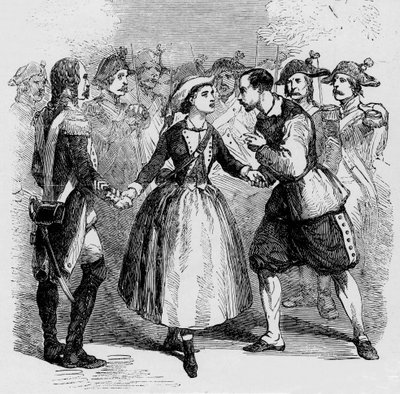 1856年、ロンドンのマジェスティーズ・シアターで上演されたガエターノ・ドニゼッティのオペラ「La figlia del Regimento」のマドモアゼル・ピッコロミーニ。 作： Unknown artist