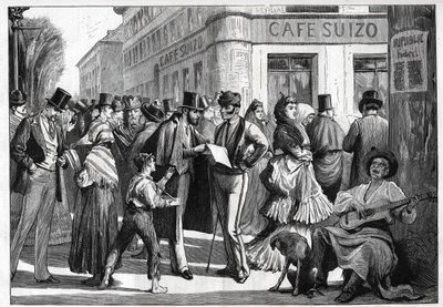 1873年のマドリッド。セビーリャ通りとアルカラ通りの角を歩く人々。1873年のエングレーヴィング。 作： Unknown artist