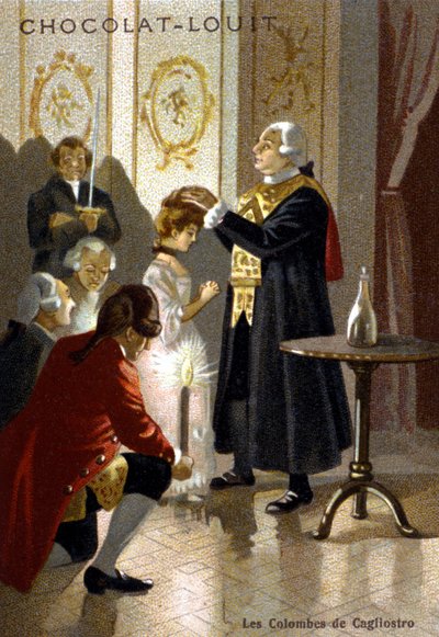 カリオストロ伯爵アレクサンダーことジュゼッペ・バルサモ（1743-1795）のマジックセッション。19世紀後半のクロモリトグラフ。 作： Unknown artist