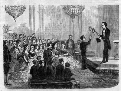 1870年、皇帝ナポレオン3世（1808-1873）とその息子皇太子（1856-1879）の前でムッシュー・フォール・ニコライが行ったマジックショー。 作： Unknown artist