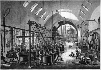 1864年にセダール氏がナントに所有していたラウネーの大規模な製糖工場の主な作業場。 作： Unknown artist