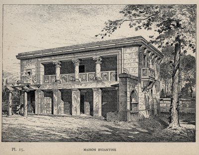 ビザンチン様式の家（1889年の「万国博覧会における人間の居住の歴史（シャルル・ガルニエ氏）」に掲載されている1889年の彫刻）。 作： Unknown artist