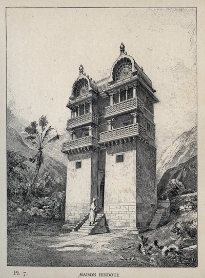 ヒンズー教の家 - 1889年の「1889年万国博覧会における人間の居住に関する歴史」（Charles GARNIER氏著）に掲載されている1889年の刻印。 作： Unknown artist