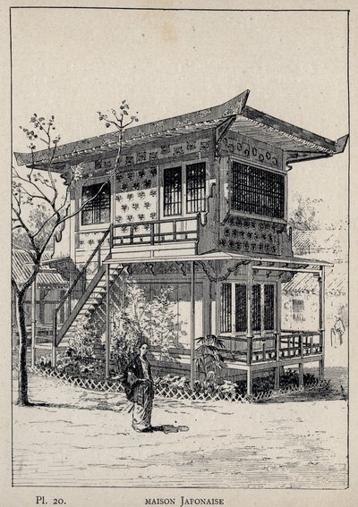 日本家屋-1889年の「1889年万国博覧会における人間の居住に関する歴史」（シャルル・ガルニエ著）に掲載されている1889年の彫刻。 作： Unknown artist