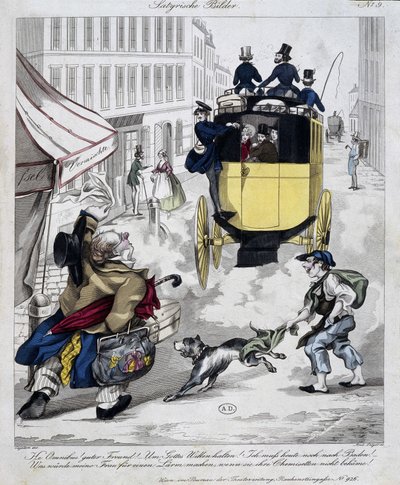 オムニバスを逃した男のプレス機。1840年頃に作られた漫画 作： Unknown artist