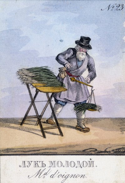ベルトにぶら下げた秤で玉ねぎを量る男性。19世紀のイラスト。19世紀のエングレーヴィング 作： Unknown artist