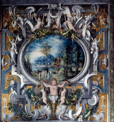 ローマの英雄たちの部屋にあるジュール・セザールへの賛辞の煙突のマント 匿名の絵画。1547年頃国立ルネッサンス博物館 作： Unknown artist