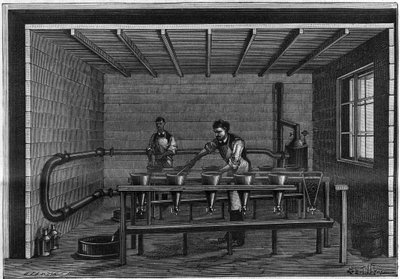 ワセリンの製造。黒い動物の濾過装置の配置。1885年に描かれたもの。 作： Unknown artist