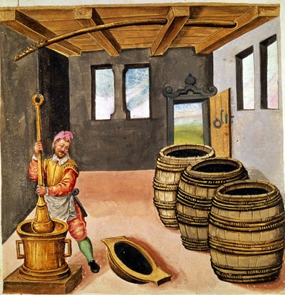 黒い粉の製造-16世紀の「Manuale di pirotechnia, armeria e fortificazioni」に記載されている。 作： Unknown artist