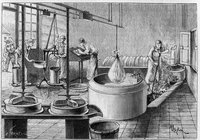 グリュイエールの製造：近代的なチーズ工場。1891年9月19日付の「La Nature: revue des sciences et de leurs applications aux arts et a l