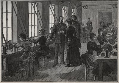 金属製の羽の製造：19世紀のフランスの研ぎ師の工房。Adolphe BITARDの "Les arts et metiers illustres "に掲載された1885年のエングレーヴィング。 作： Unknown artist