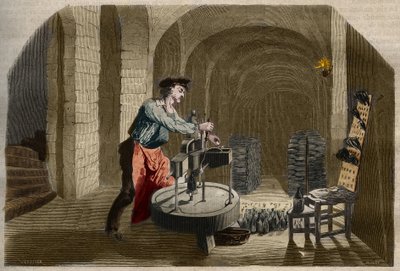 シャンパーニュ地方のスパークリングワインの製造：セラーで使用される瓶詰め機。1858年に描かれた "Le Musee Des Sciences "の版画 作： Unknown artist