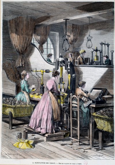 タバコの製造、喫煙用タバコの包装。1867年のリトグラフ パリ、カルナバレ美術館 作： Unknown artist