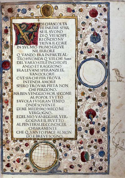 フランチェスコ・ペトラルカ（Petrarca）（1304-1374）の「Il Canzoniere」の手稿ページ 1493年 作： Unknown artist
