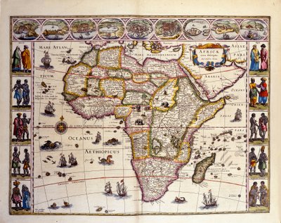 William Blaeuのアトラスからのアフリカの地図。上部にはタンジェ、セウタ、アルジェ、チュニス、アレキサンドリア、アルケアー、モザンビーク、サン・ジョルジュ・ド・ラ・ミナ、カナリア諸島の都市が描かれています。また、アフリカ沖には様々な島々が表現されており、マスケリーニュ諸島、マダ 作： Unknown artist