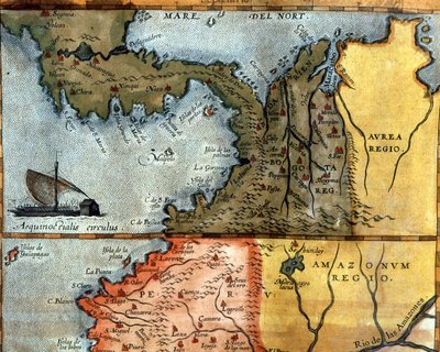 16世紀の中米の地図：上にはペルー、アマゾン、ボゴタ（パナマ、コロンビア、ベネズエラ）の地域が描かれています。 作： Unknown artist