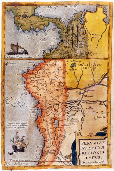 コロンビアとペルーの地図。1590. 作： Unknown artist