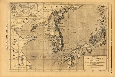 韓国、日本、中国東部の地図。1894年3月9日付「Le petit journal」誌に掲載された版画。セルバのコレクション。 作： Unknown artist