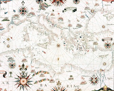 地中海と海岸線の地図（カステリーニのポルトゥランの詳細 作： Unknown artist