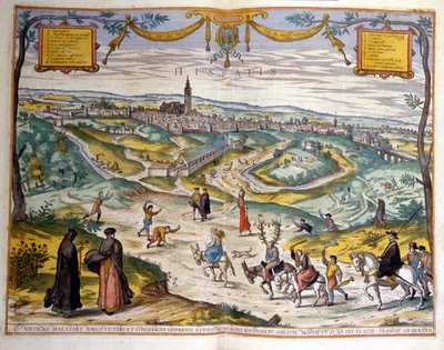 1590年のセビーリャの街の地図。絵の右下では、村の人々がロバに乗った寝取られ男を揶揄している。 作： Unknown artist