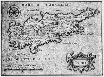 1587年の『Il devotissimo viaggio di Gerusalemme』に掲載されたキプロス島（シプロ）の地図。 作： Unknown artist