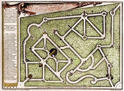 アンドレ・ル・ノートル（1613-1700）が制作したヴェルサイユ城の公園にある迷路の地図。La Nature.Revue des sciences et de ses applications aux arts and a