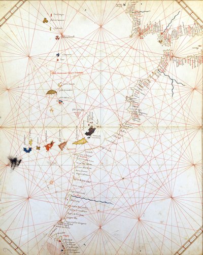 ジブラルタル、モロッコ、カナリア諸島を示した地図。15世紀のポルトゥラン。 作： Unknown artist