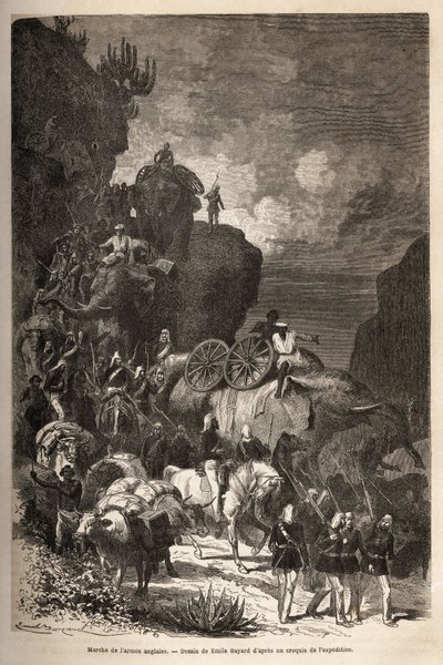 皇帝テオドロス（1818-1868年頃）の軍隊に続いてダランタ高原に向かうイギリス軍の行進、砲弾運搬用の象も一緒に。ヘンリー・ブラン博士による物語「テオドロスの捕虜」を説明するためのエングレーヴィング。 作： Unknown artist