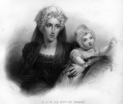未亡人服を着たベリー公爵夫人ブルボン家のカロリーヌ（1798年～1870年）が娘のルイーズ・マリー・テレーズ・オブ・アルトワ（1819年～1864年）を抱いている姿。1820年のエングレーヴィング。 作： Unknown artist